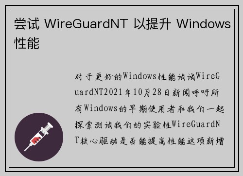 尝试 WireGuardNT 以提升 Windows 性能 
